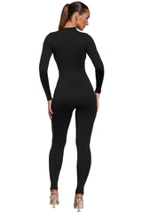 Women Knit Ribbed Zipper Back O-neck Yoga Fitness Jumpsuit  Autumn Streetwear One Piece Suit Romper Playsuits