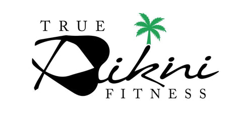 A logo design for 'True Bikini Fitness' featuring the text 'TRUE' and 'FITNESS' in black sans-serif font, 'Bikini' in a large black script font with a black bikini silhouette integrated into the lettering, a small green palm tree, and a white background.